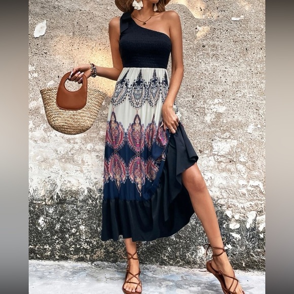 Boho floral print one shoulder midi dress - Picture 1 of 6